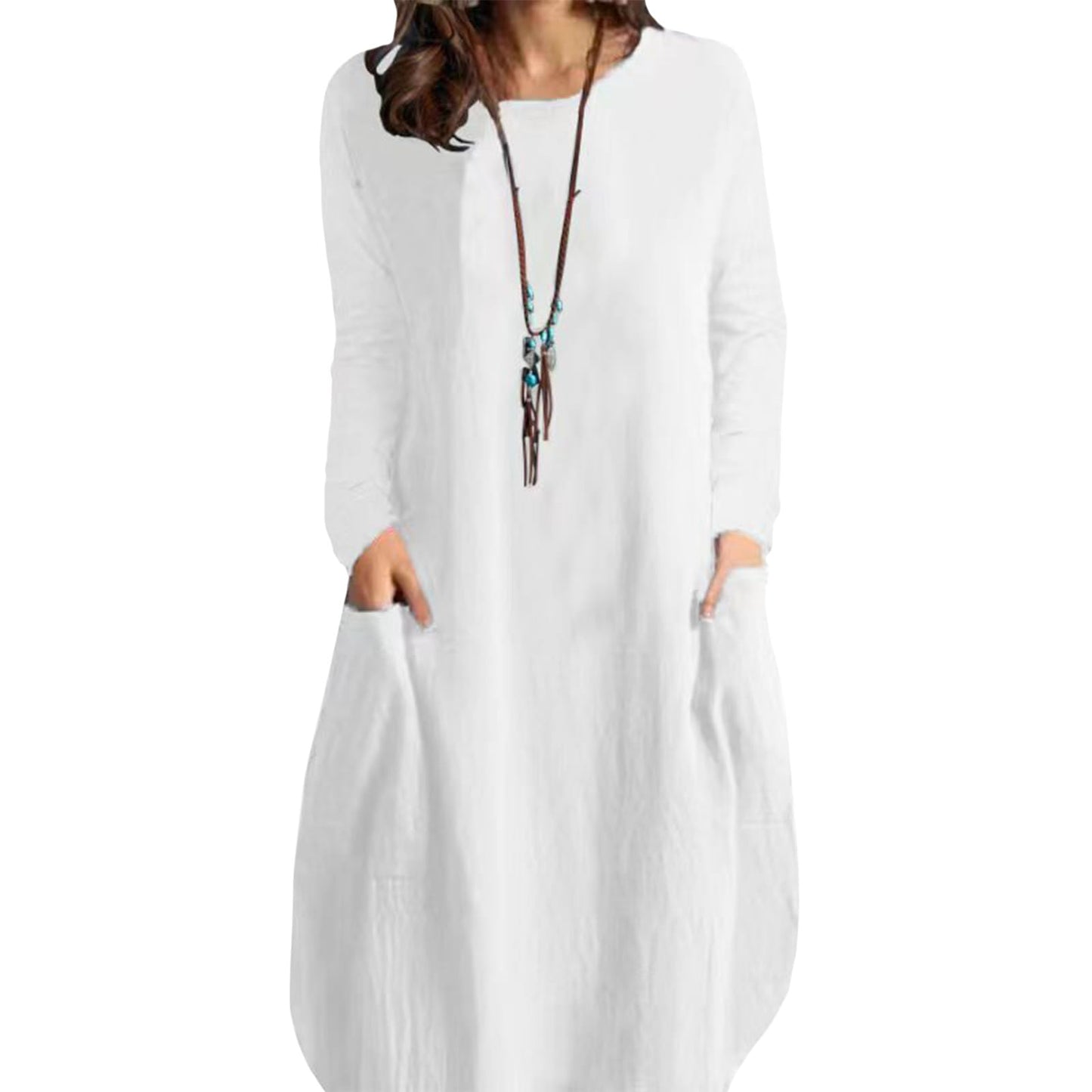 Gymrex Summer Linen Tunic Dress for Women,Long Sleeve Loose Casual Crew Neck Midi Linen Shirt Plus Size Dress with Pockets