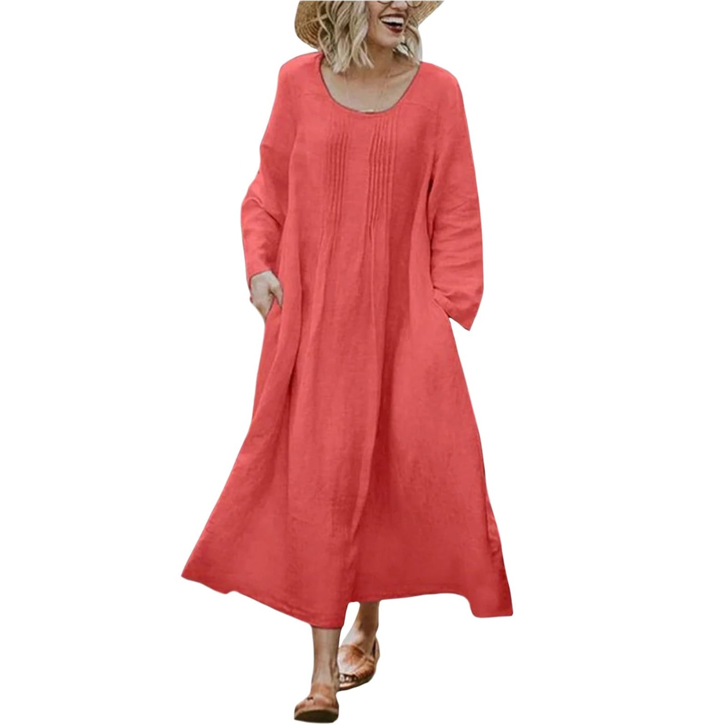 Bejirog Plus Size Linen Dresses for Women Long Sleeve Loose Crew Neck Oversized Casual Spring Fall Maxi Dress with Pockets