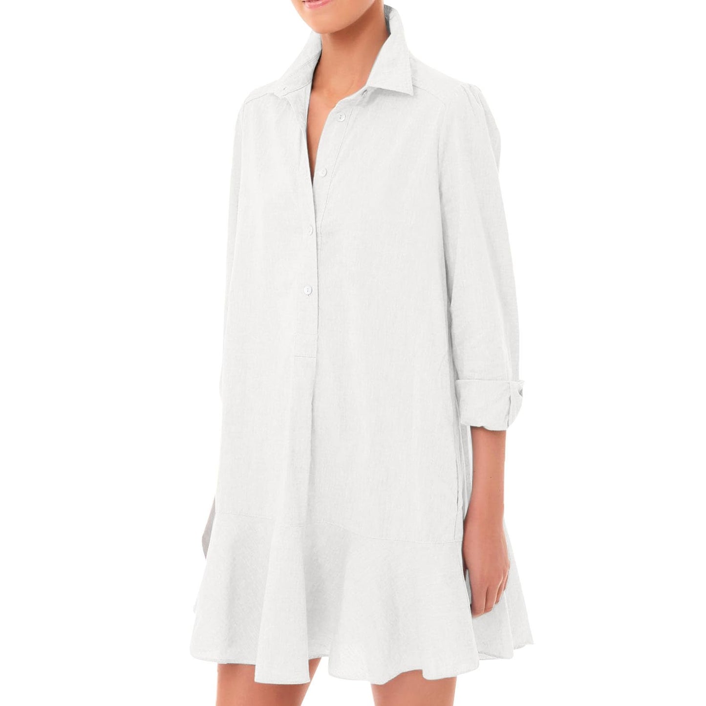 JiffPom Tunic Shirt Dress for Women, Casual Cotton Linen Button Up Long Sleeve Mini Shift Dress with Ruffle Hem and Pockets