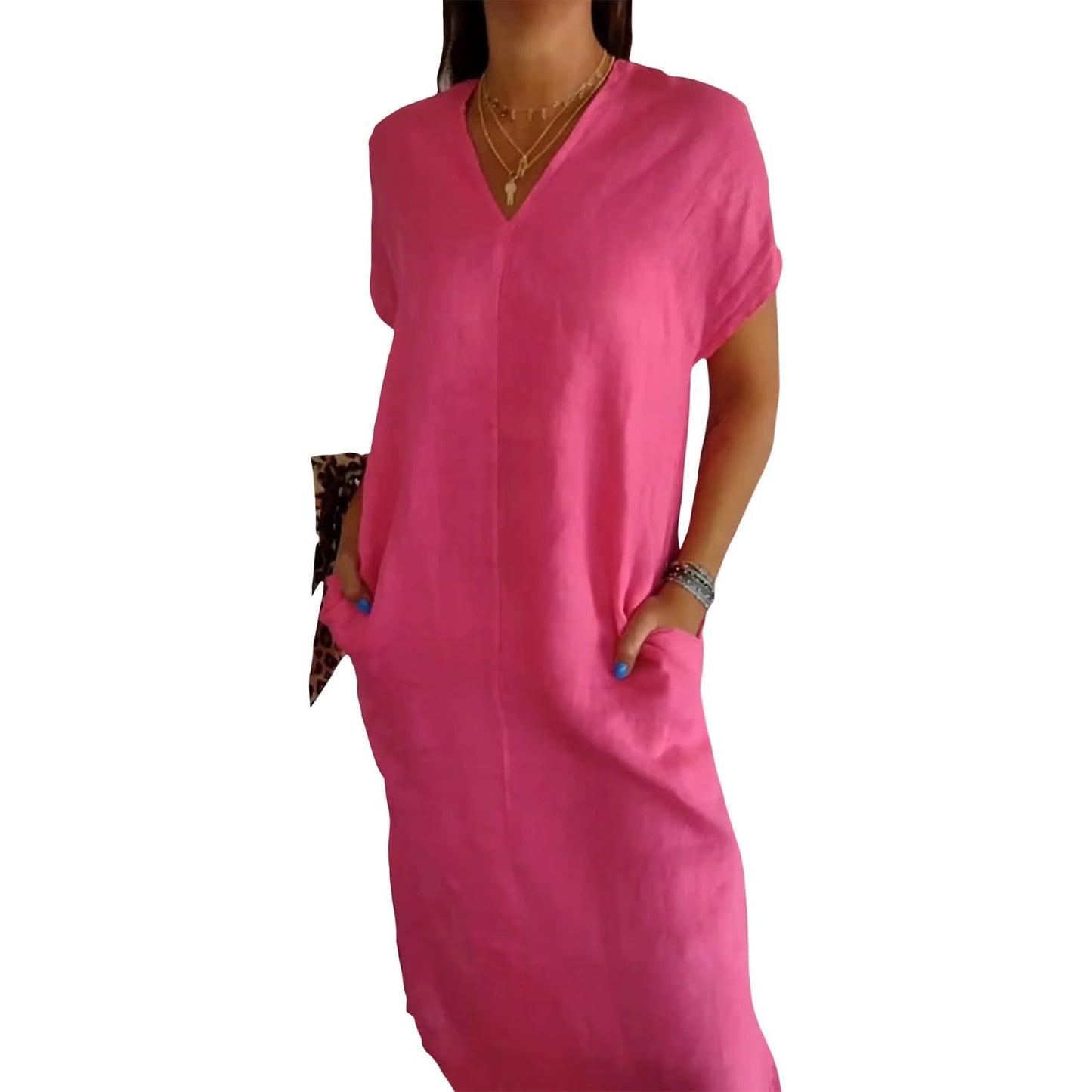 NAILONG Womens Short Sleeve V Neck Cotton Linen Dress, Casual Loose Long Maxi Summer Linen Dress for Women with Pockets