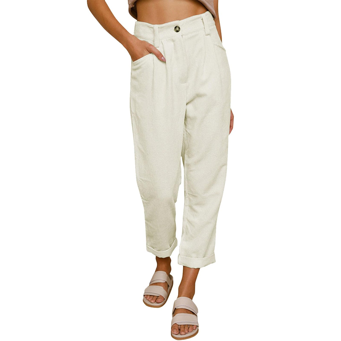 Reigee Womens Premium Corduroy Pants High Waist Wide Leg Trousers with Pockets Button Closure Elastic Waistband Casual Straight