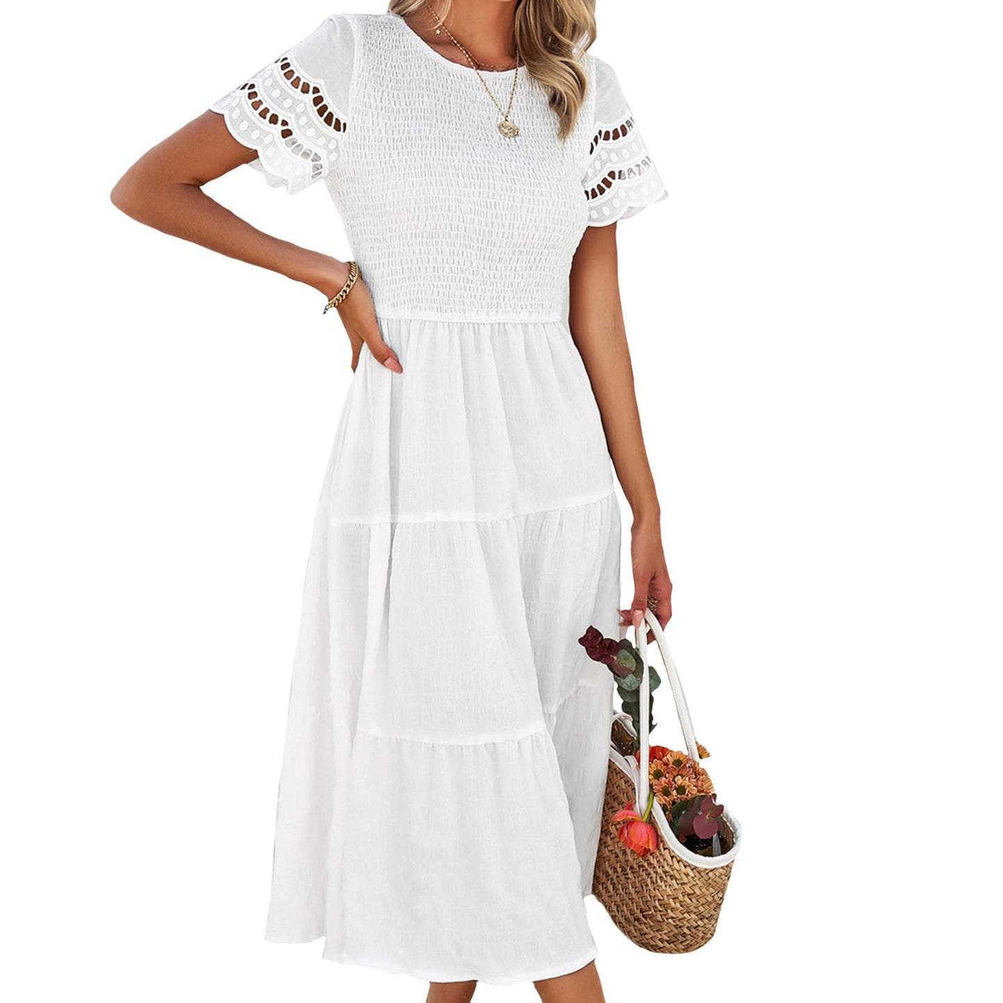 NAILONG Women's Hollow Out Smocked Tiered Ruffle Dress Crew Neck Short Sleeve Flowy Midi Dress Summer A Line Sun Dress