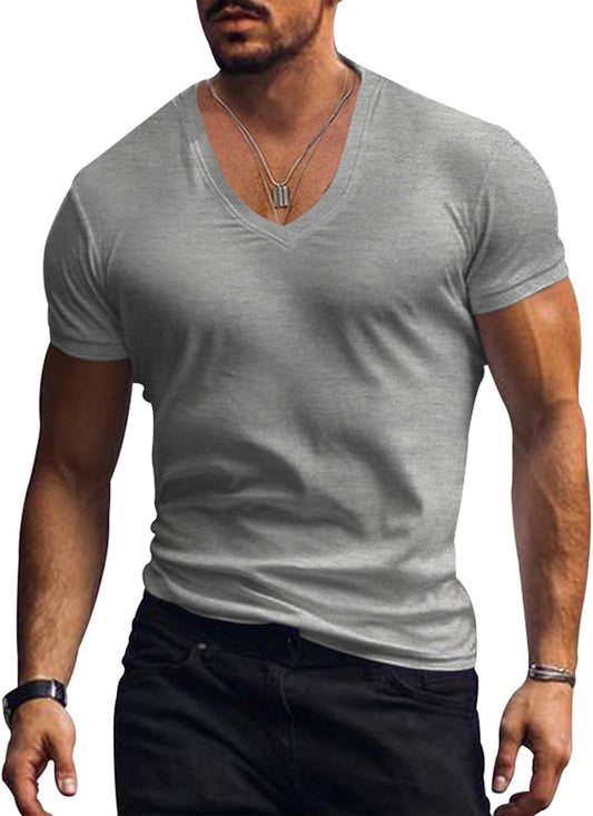 Alivebody Mens T Shirts Solid Color Deep V Neck Basic Muscle Fit Tee Muscle Slim Fit Low Cut Stretch Soft Lightweight Tshirt