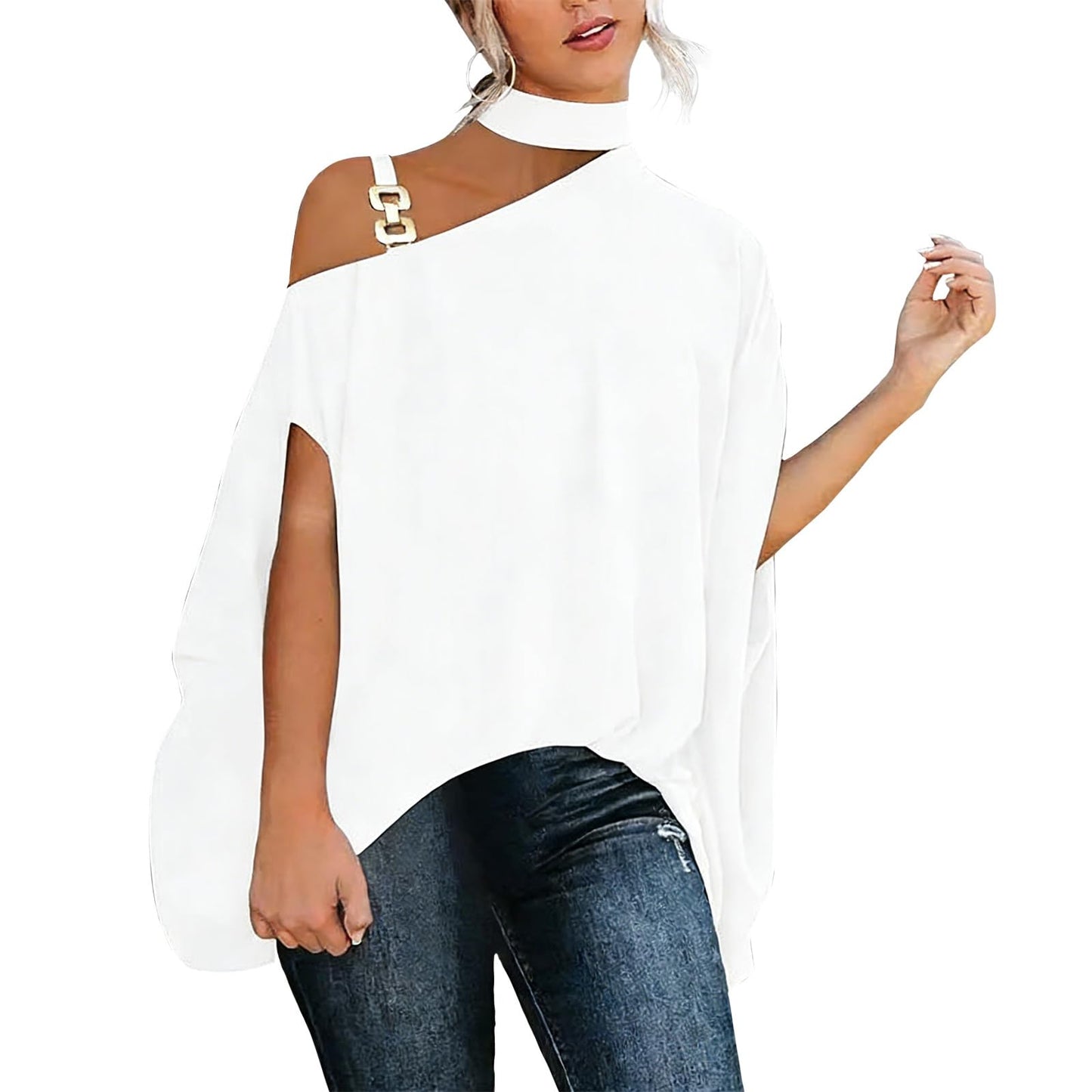 WAZZAP Women‘s One Shoulder Dolman Tops, Batwing Sleeve Off Shoulder Mock Neck Loose Dressy Blouse for Women Elegant Shirts