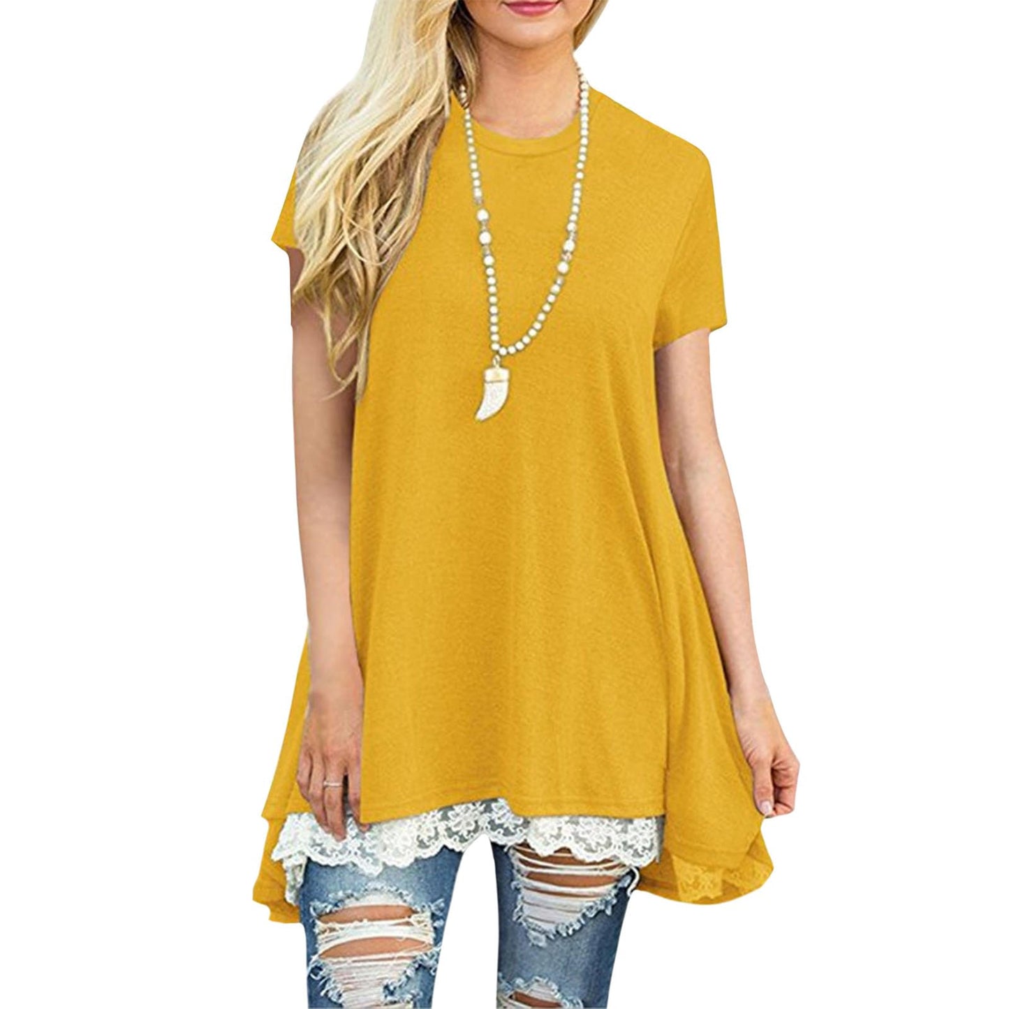 gukoo Lace Trim Short Sleeve Shirt for Women, Swing Tunic Blouse Crew Neck Flowy Flared Tops Trendy 2026 Casual T Shirt