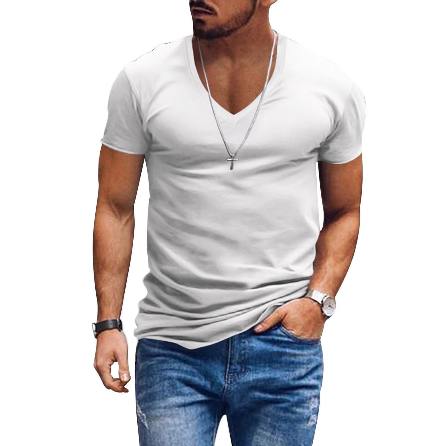 Alivebody Mens T Shirts Solid Color Deep V Neck Basic Muscle Fit Tee Muscle Slim Fit Low Cut Stretch Soft Lightweight Tshirt