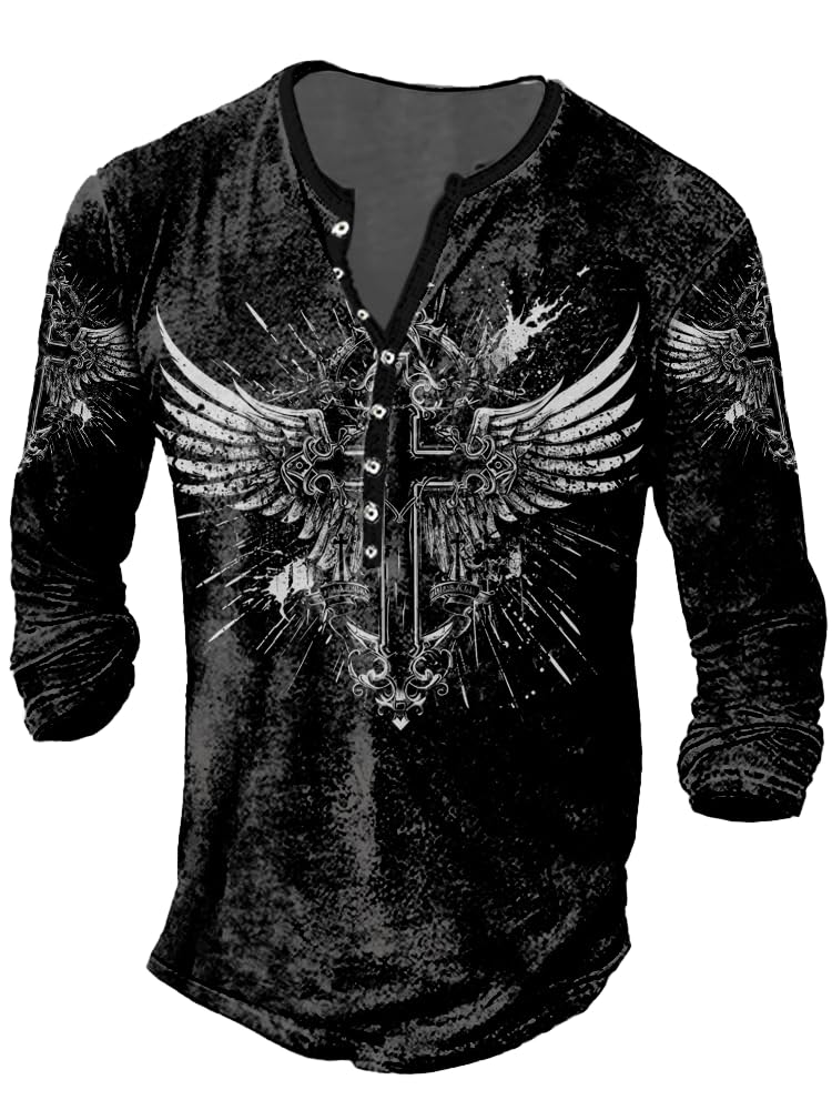 JiffPom Mens Henley Shirts Christian Shirt Jesus Cross Retro Long Sleeve Casual Button Down Washed T-Shirts Boy's Tops
