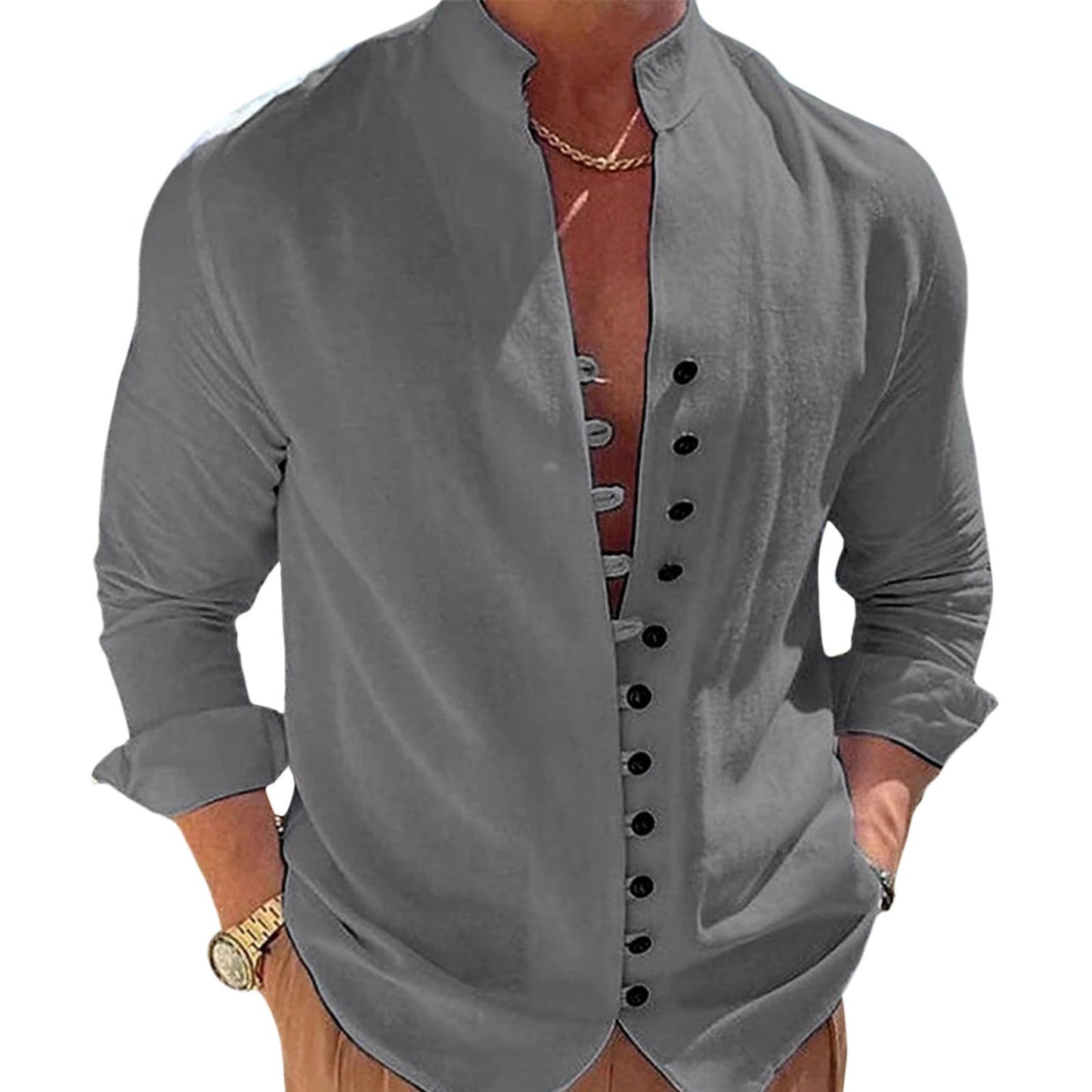 Befox Mens Dressy Casual Button Down Shirts Solid Color Cotton Blend Long Sleeve Summer Vacation Shirt Tops