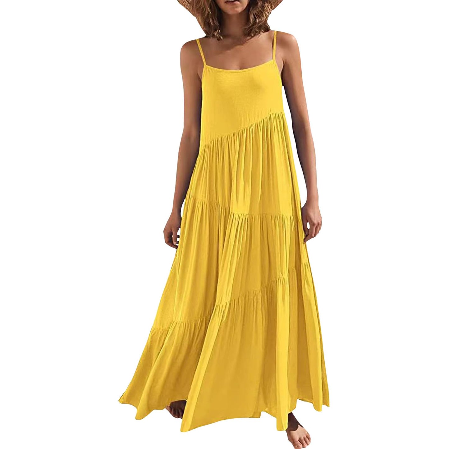 Bejirog Summer Spaghetti Strap Maxi Dress for Women, Tiered Ruffle Vacation Beach Square Neck Long Flowy Cami Sun Dress