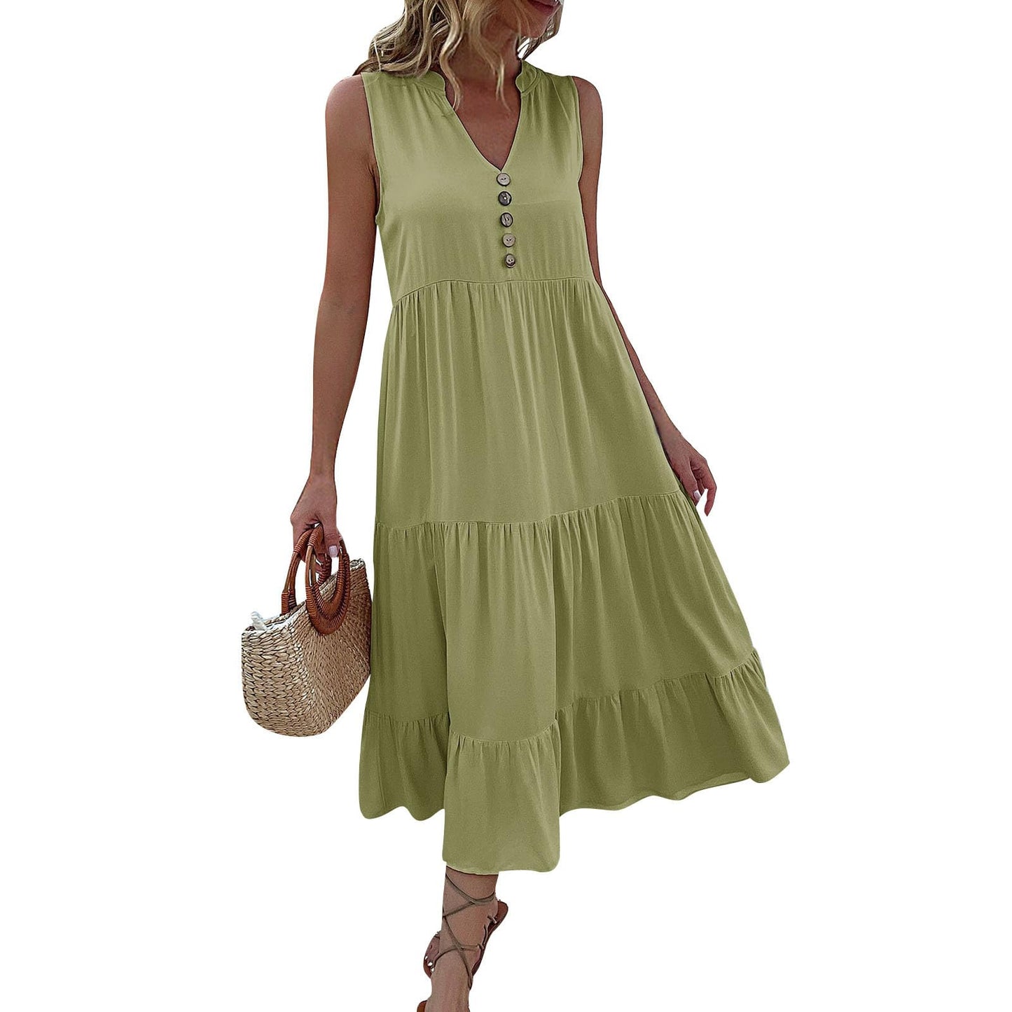 FONDBERYL Sleeveless Midi Dress for Women, V Neck Tank Dress with Tiered Ruffle Hem Flowy A Line Casual Spring Summer Dresses