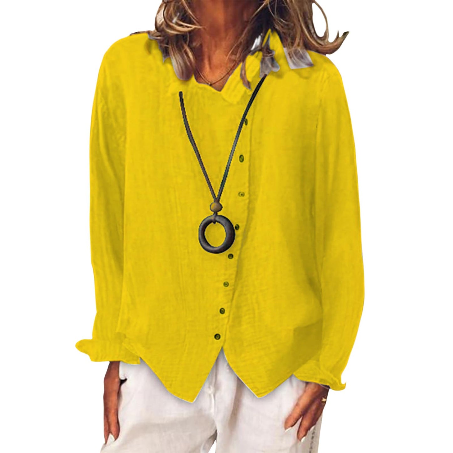 Gymrex Linen Button Down Shirts for Women, Long Sleeve Lightweight Loose Fit Blouse Dressy Casual Trendy Fashion Tops