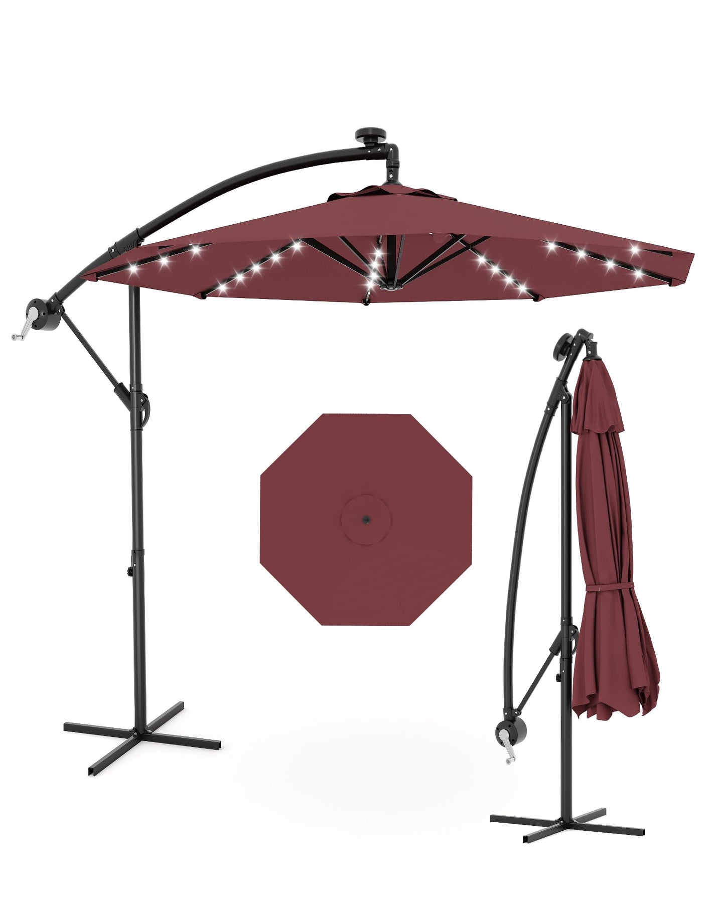 JiffPom 10FT Cantilever Patio Umbrella with Solar LED Lights - Offset Outdoor Umbrella - Easy Lift & Tilt - UV Protection - Fade Resistant - Ideal for Deck, Pool, Garden
