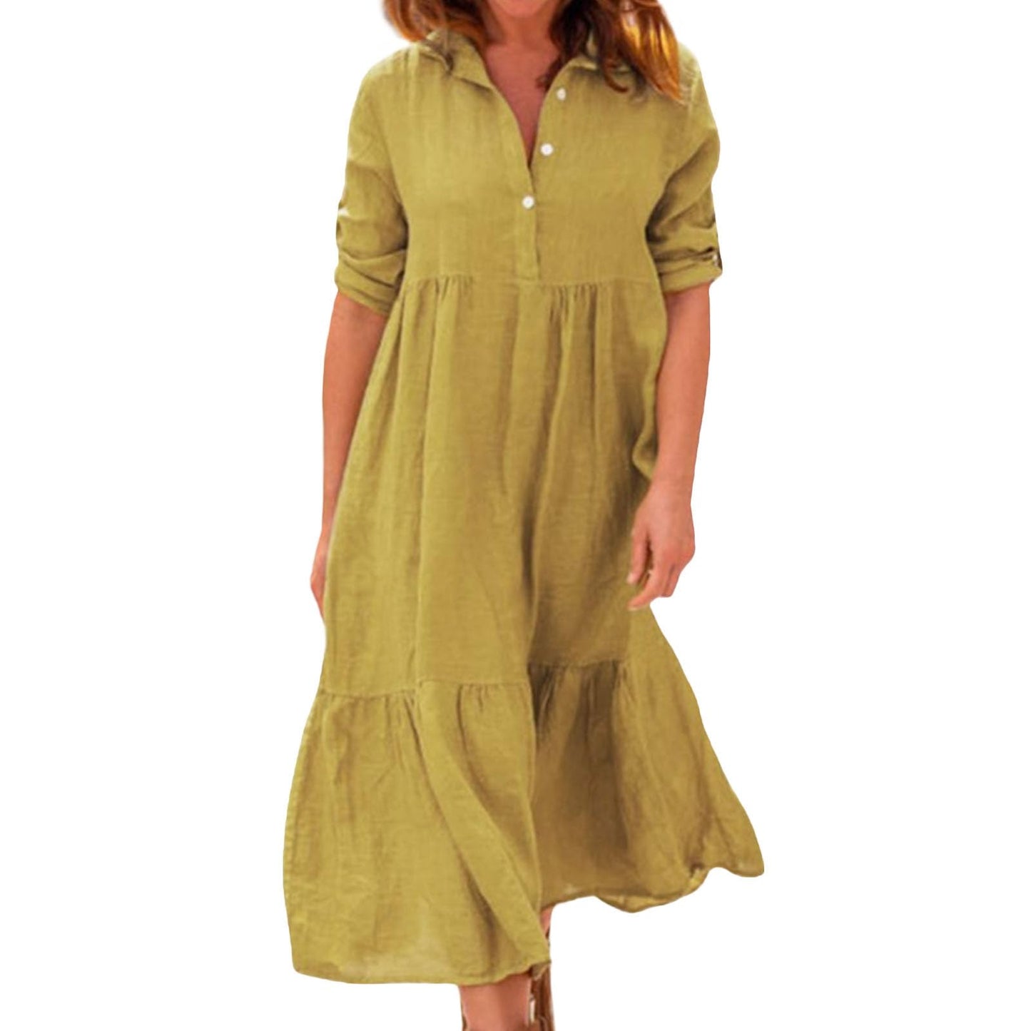 Alivebody Womens Button Down Shirt Dress, Cotton Linen Long Ruffle Hem Loose Half Sleeve Casual Summer Maxi Dress with Collar