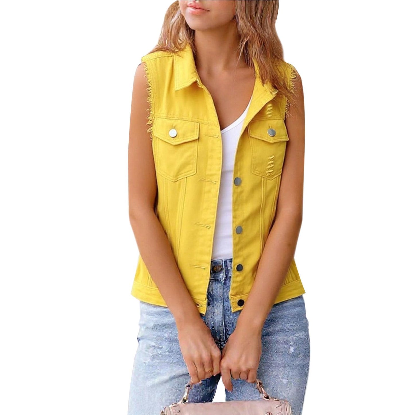 WAZZAP Women's Sleeveless Denim Vest Cropped Button Down Lightweight Casual Jean Vest Women Jean Tops