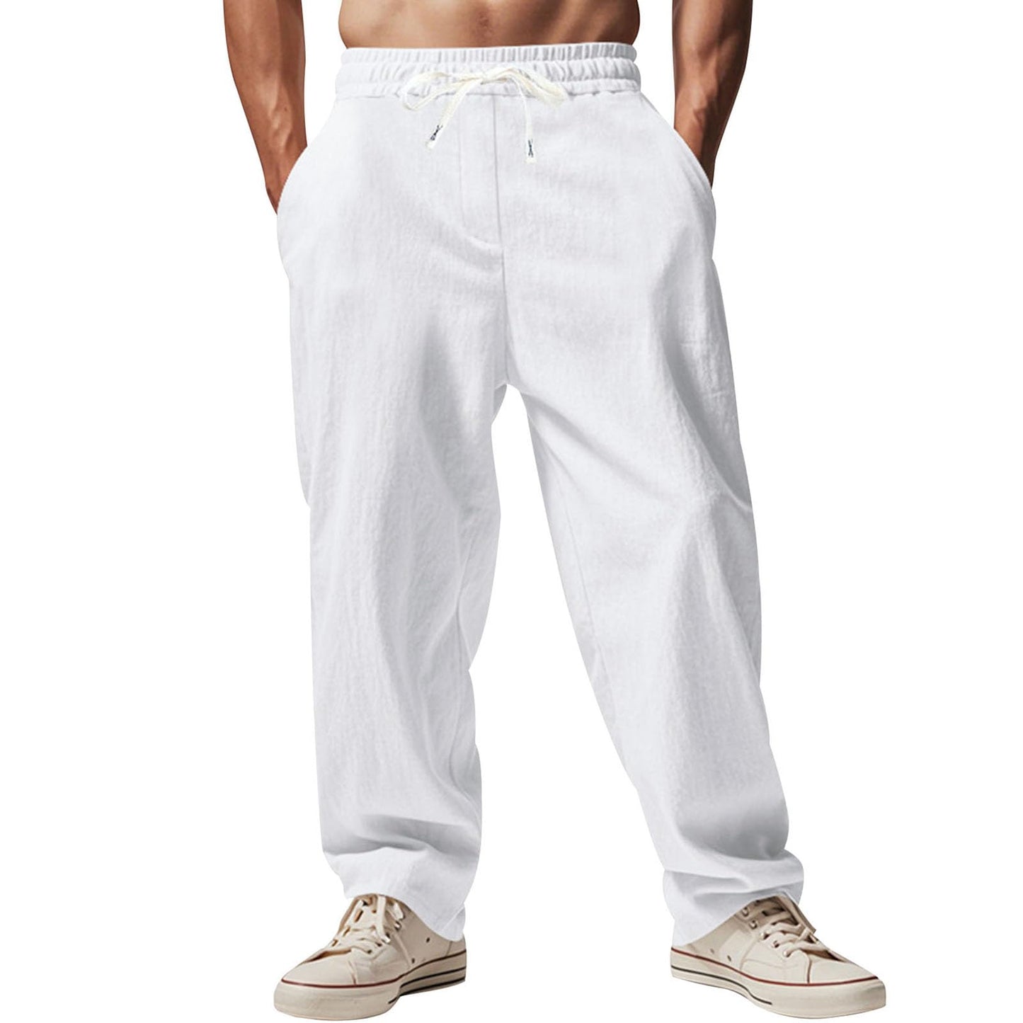 Alivebody Mens Linen Pants Straight-Legs Elastic Waist Casual Summer Beach Pants Drawstring Lightweight Trousers with Pockets