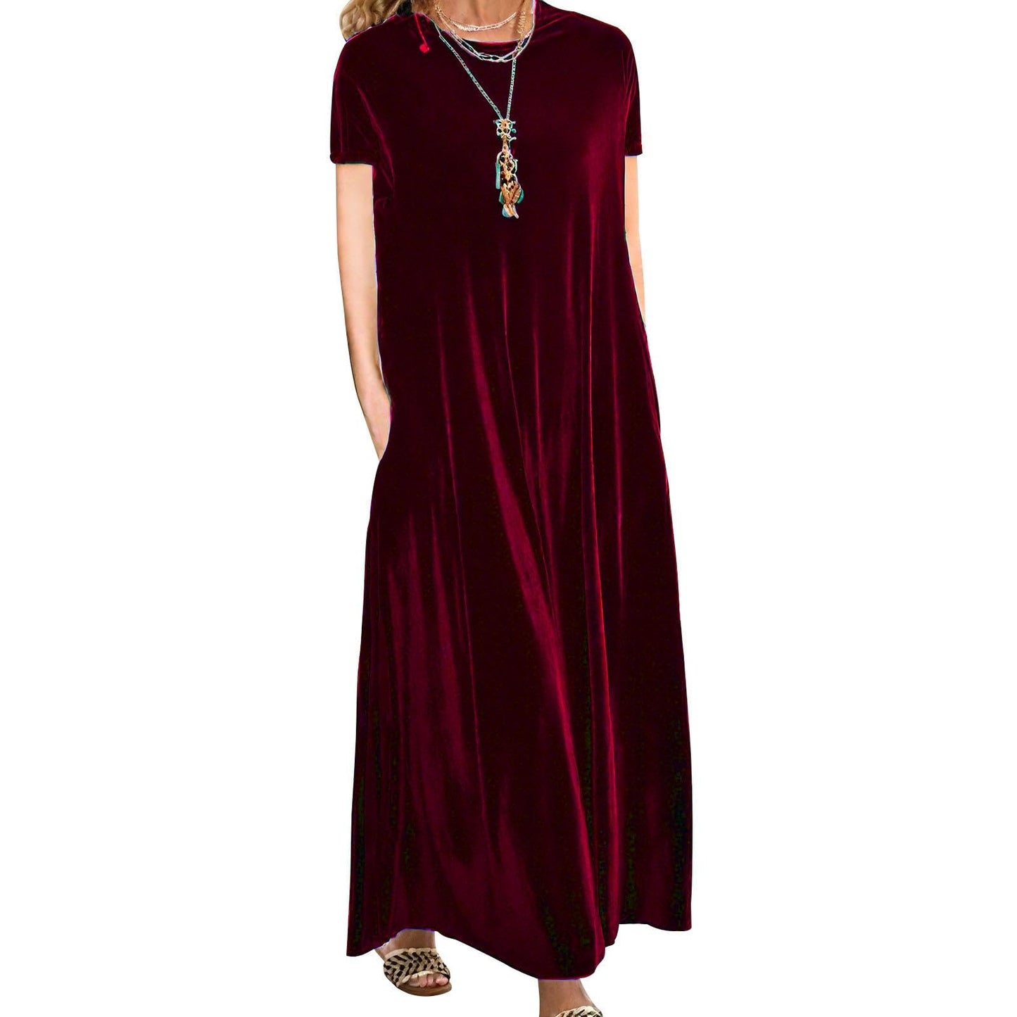 Embryform Velvet Dress for Women Spring Maxi Dress 2026 Plus Size Short Sleeve Velvet Casual Loose Elegant Crew Neck with Pocket