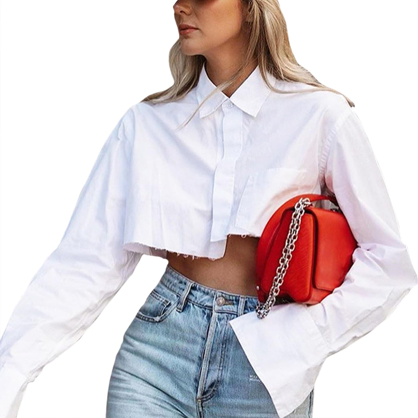 Reigee Women‘s Cropped Button Down Shirt, Short Waisted Collared Crop Tops Asymmetrical Hem Long Sleeve Streetwear Blouse