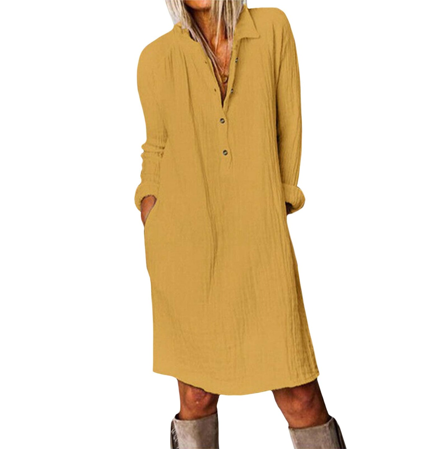 NAILONG Cotton Button Down Shirt Dress for Women Long Sleeve Midi Spring Summer Casual Loose Tshirt Dress with Pockets