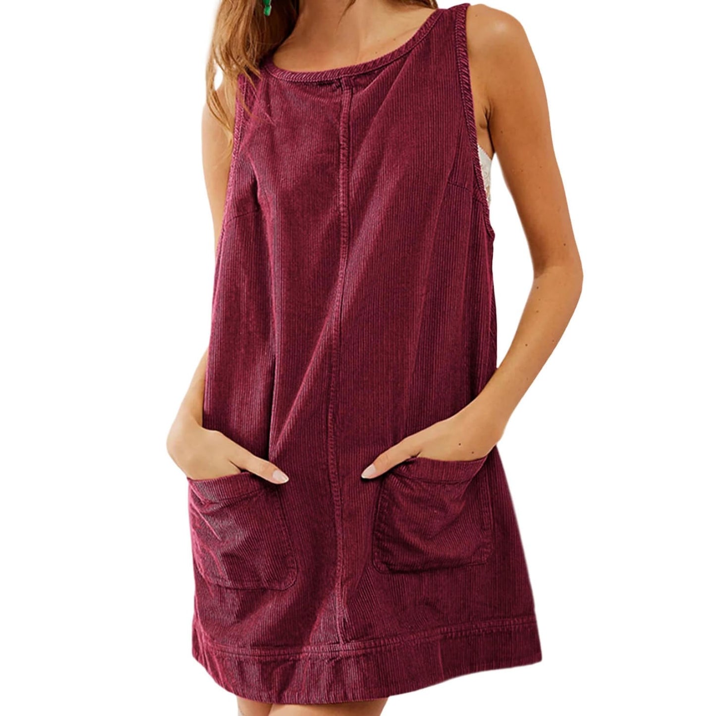 GYMDOG Casual Dresses for Women Corduroy Crewneck Tunic Sleeveless Pleated Loose Fit Work Mini Dress with Pockets