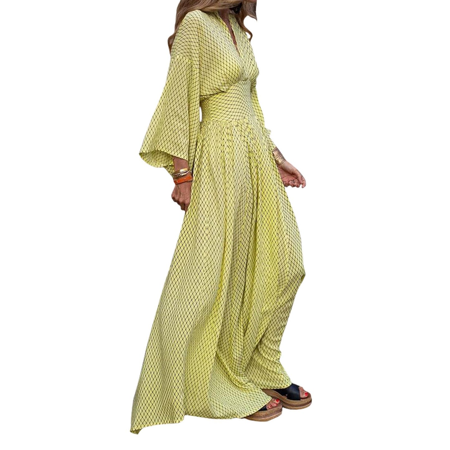 Alivebody Flowy Long Boho Maxi Dress for Women with Deep V Neck & Bell Sleeves, Empire Waist Casual Wedding Guest Dress