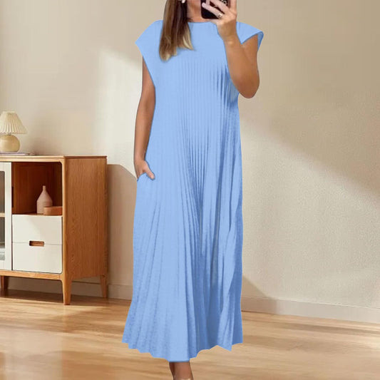 Alivebody Pleated Maxi Dress for Women Flowy Sleeveless Crew Neck Summer Dress with Pockets Casual Loose Long Sun Dress