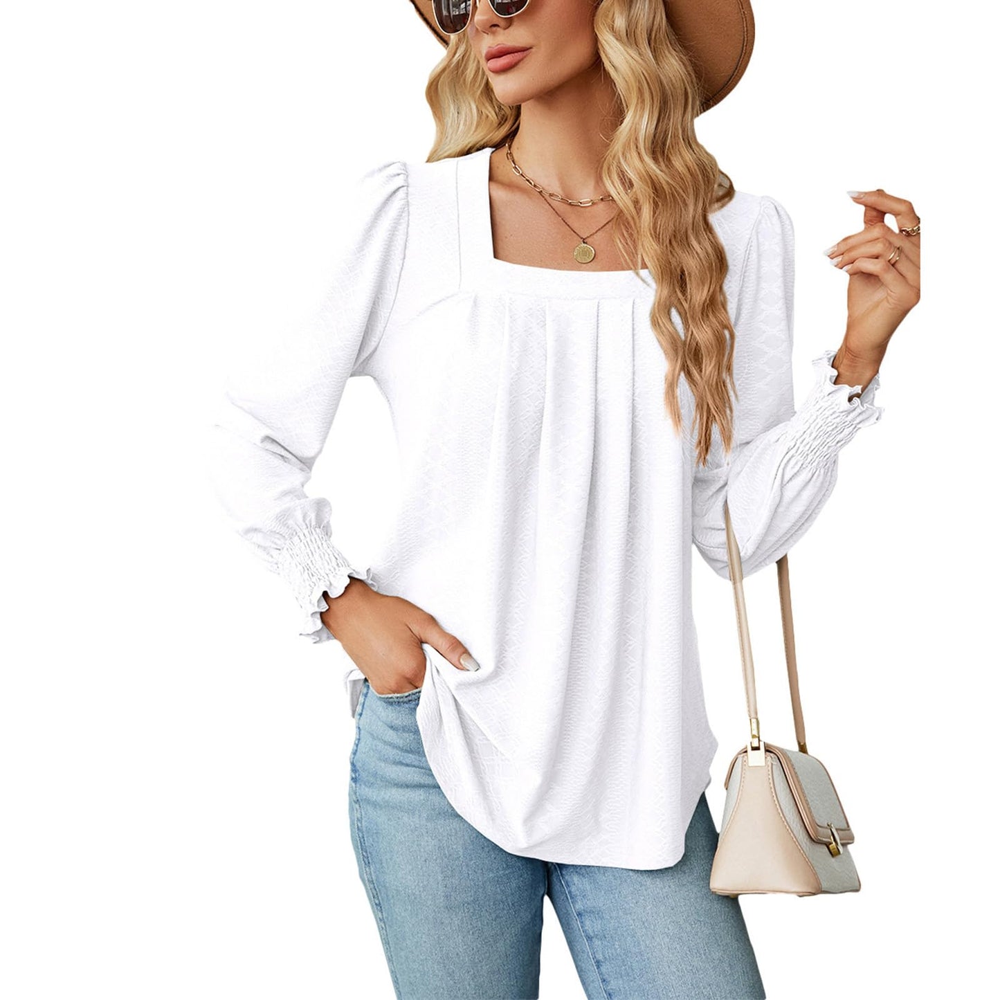 Befox Square Neck Pleated Tops for Women, Flowy Tunic Blouse Puff Sleeve Lightweight Loose Dressy Casual Pleated Shirt