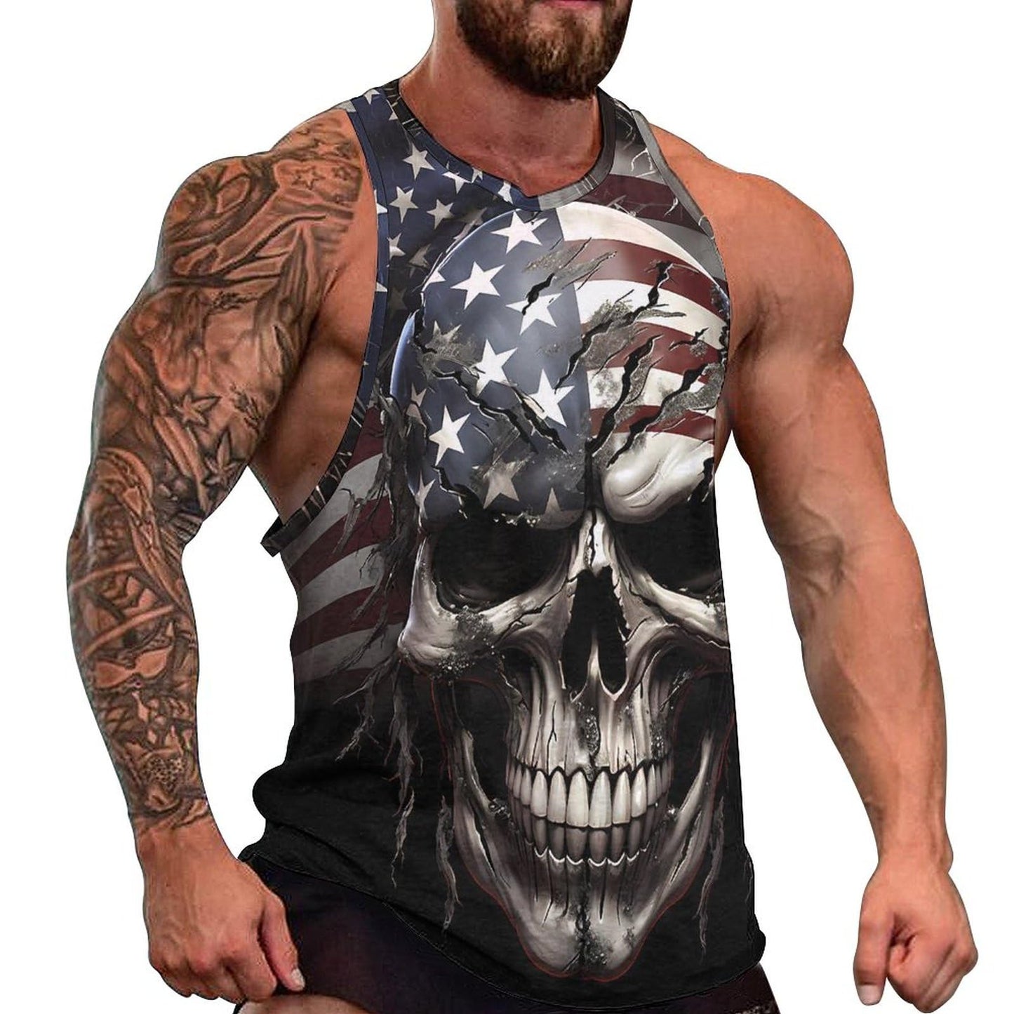 NAVARCH Mens US Flag Tank Tops Skull Graphic Print Sleeveless Crew Neck Western Shirts for Men Fashion Vest