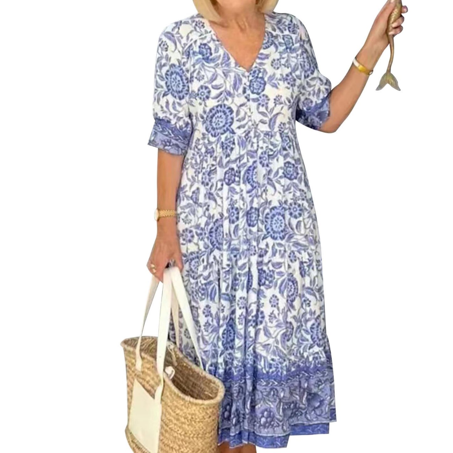 GYMDOG Elegant Flowy Flower Print Boho Maxi Dress for Women V Neck Short Sleeve Ruffle Swing Hem Dress for Wedding Guest
