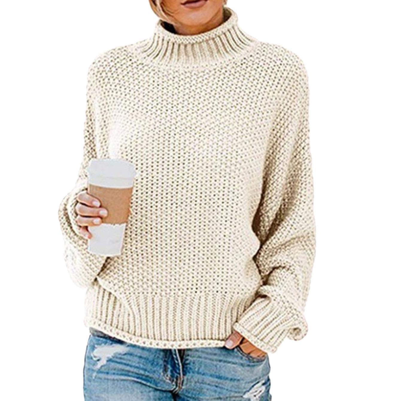 WAZZAP Women Sweater for Autumn Winter Casual Trendy Lightweight Tops Long Cuffed Sleeve Mock Neck Sweater