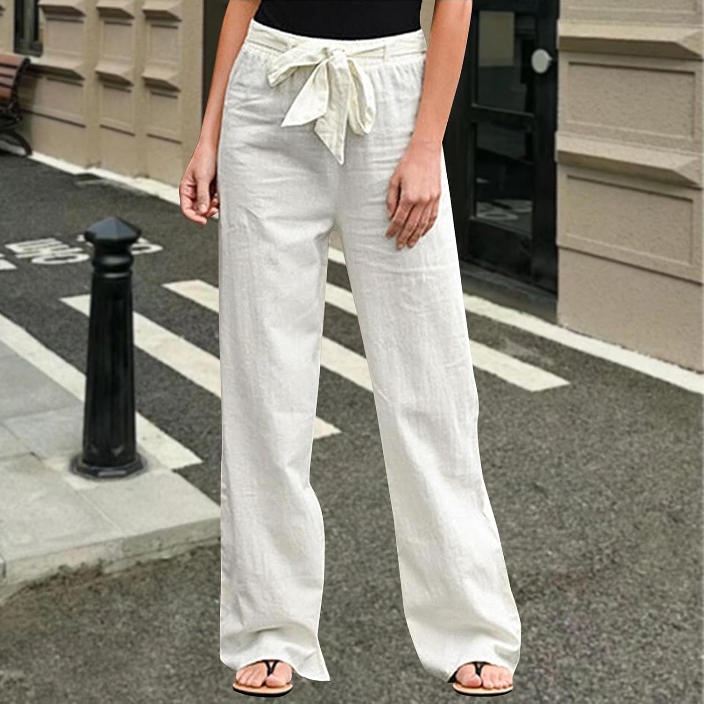 GYMBULL Womens Cotton Linen Summer Pants Tie High Waisted Casual Straight Leg Pants Dressy Palazzo Soft Trousers with Pockets M White