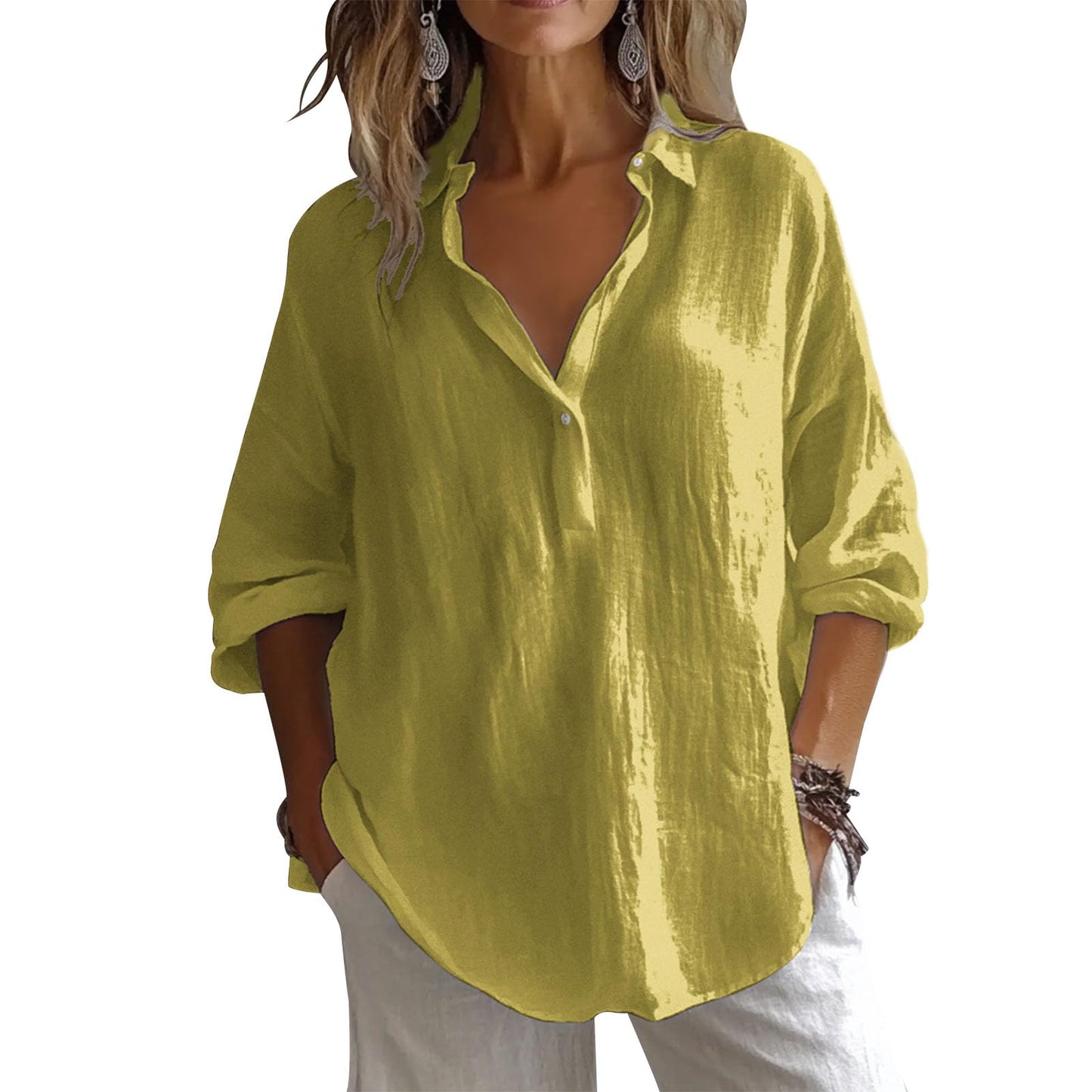 gukoo Womens Linen Shirts 3/4 Sleeve Blouses Casual V Neck Collar Shirt Trendy Tops Solid Color Summer Clothes