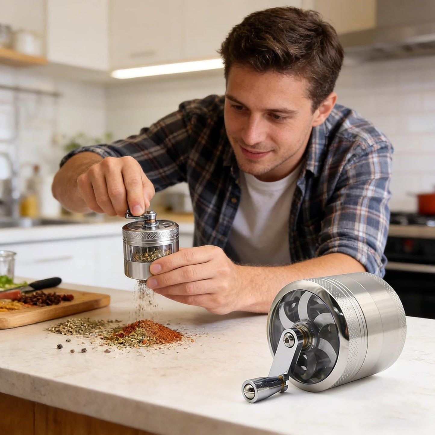 Kribee Grinder Crusher, 4-Layer Pollen Scraper Grinder with Hand Crank, Zinc Alloy Shredder for Dried Spices, Herbs, Ø55mm Mini-Scraper Clear Top Abrader Spices Grind Manual Muller (Silver)