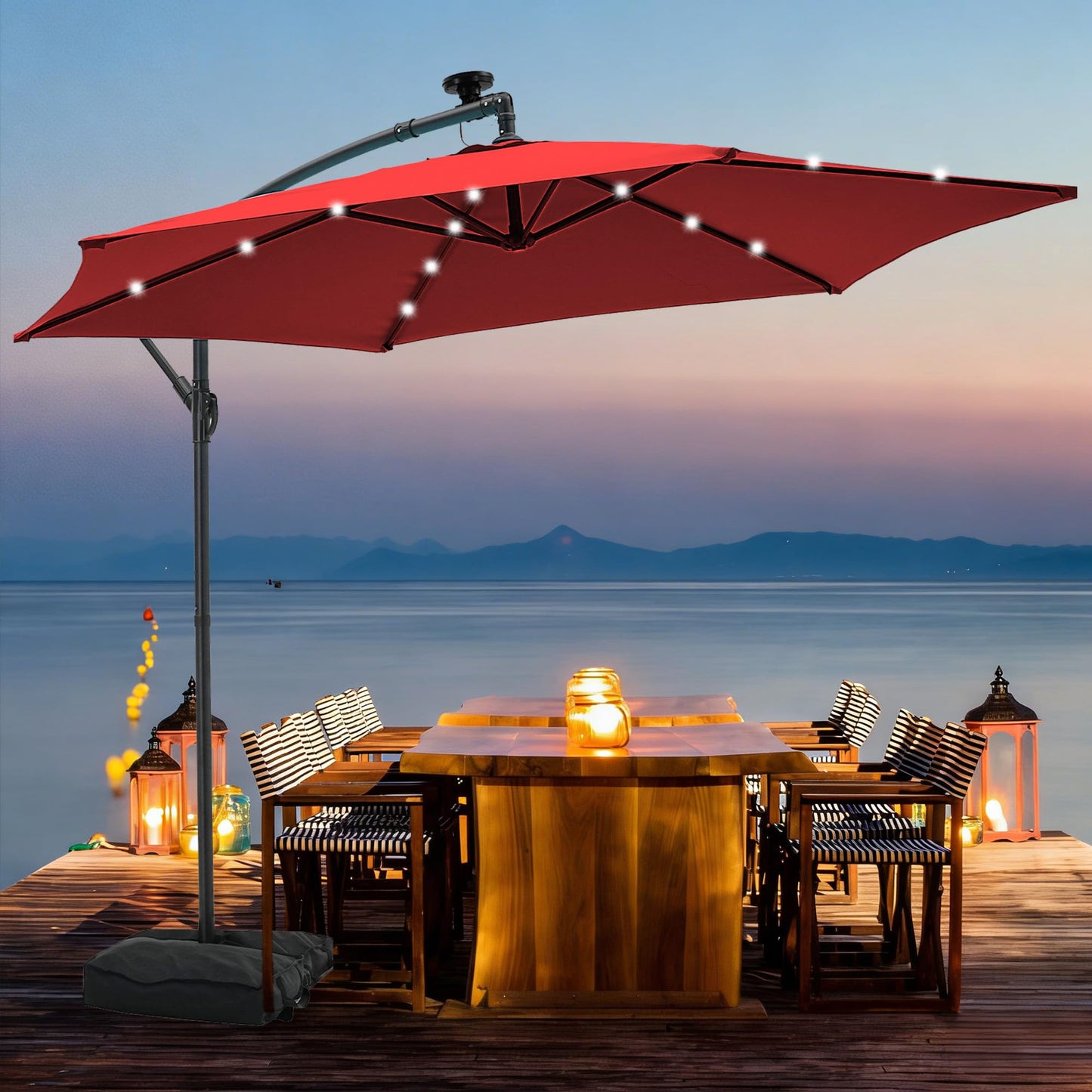 JiffPom 10ft Cantilever Patio Umbrella with Lights, Hanging Offset Market Outdoor Sun Shade for Backyard,Deck,Poolside,Black