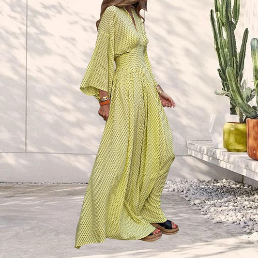 Alivebody Flowy Long Boho Maxi Dress for Women with Deep V Neck & Bell Sleeves, Empire Waist Casual Wedding Guest Dress