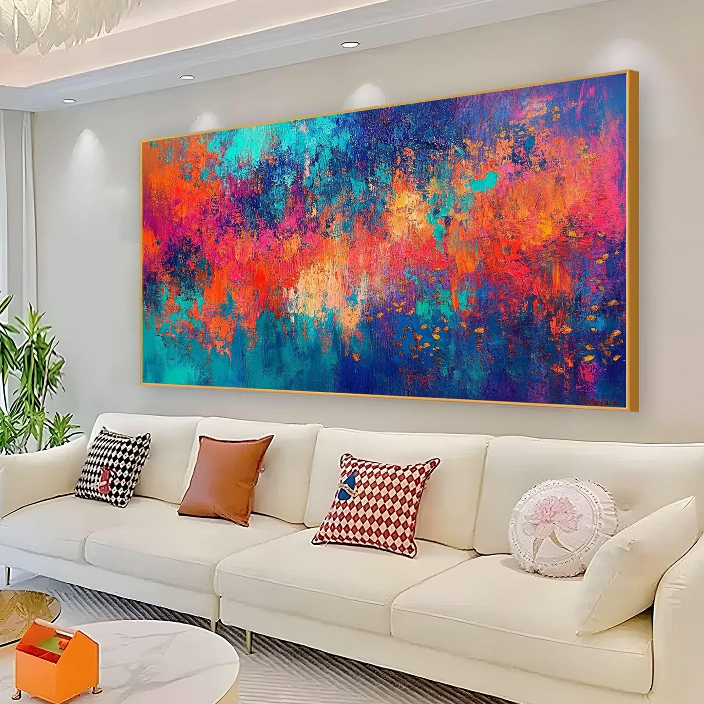 JiffPom Red & Blue Abstract Canvas Wall Art - Colorful Modern Painting, Living Room Decor (Black Framed, 59"x33"|150x84cm)