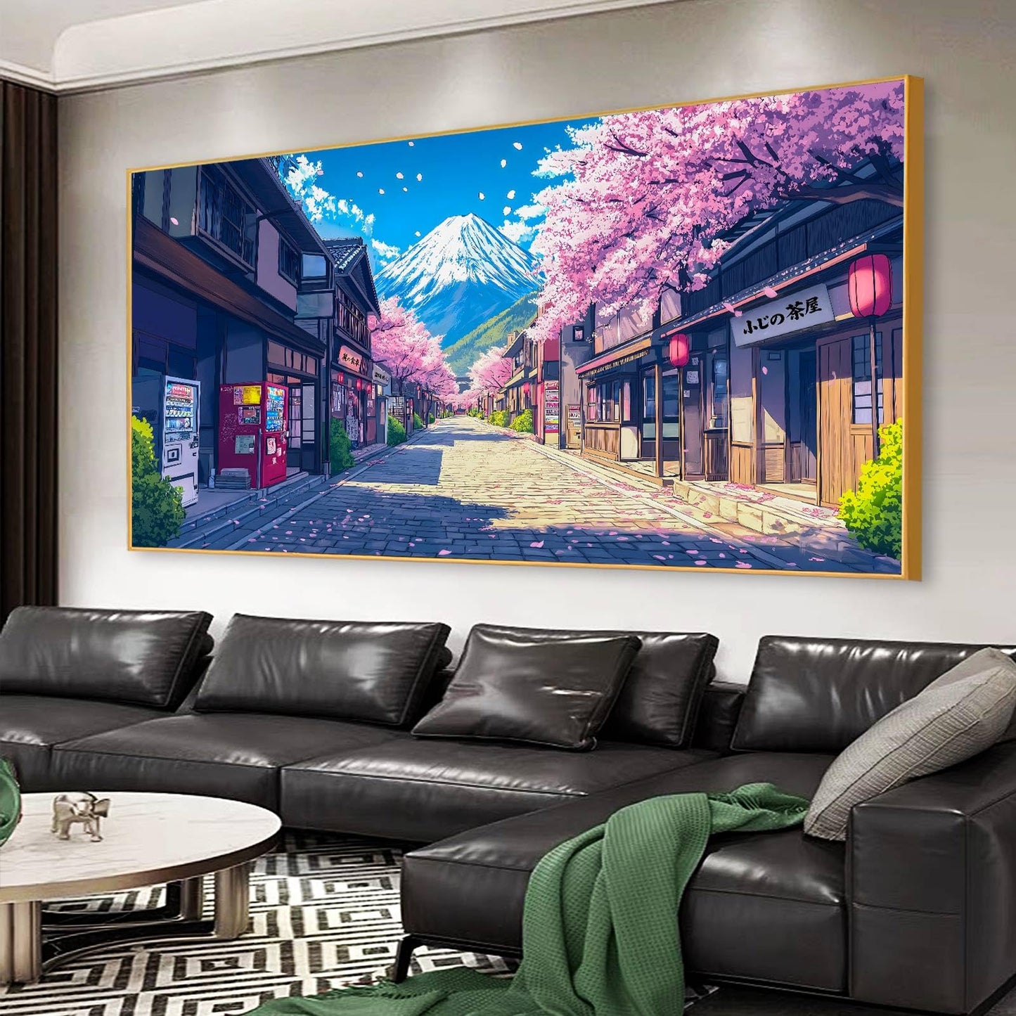 JiffPom Japan Manga Street Canvas Wall Art, Cherry Blossom Anime Canvas Print, Mount Fuji Wall Art, Pink Cherry Tree Decor, Japanese Landscape Poster, Home Decor, Manga Gifts (Black Framed, 31"x15" | 80x40cm)