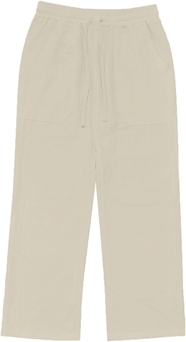 gukoo Linen Pants Men Summer Lightweight Casual Relaxed Fit Elastic Waist Yoga Travel Vacation Beach Pants with Pockets