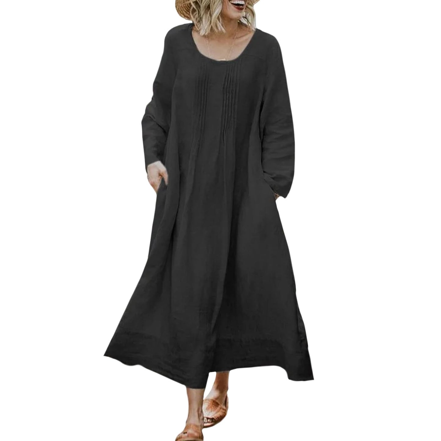 Bejirog Plus Size Linen Dresses for Women Long Sleeve Loose Crew Neck Oversized Casual Spring Fall Maxi Dress with Pockets