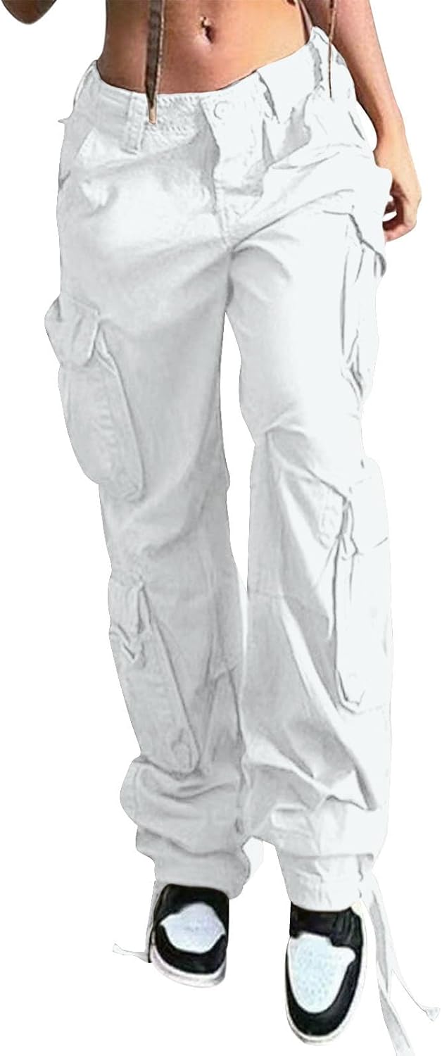Reigee Womens Low Waisted Cargo Pants with Pockets, Y2K Baggy Stretchy Jeans for Women Streetwear Casual Straight Leg Cargo Trousers