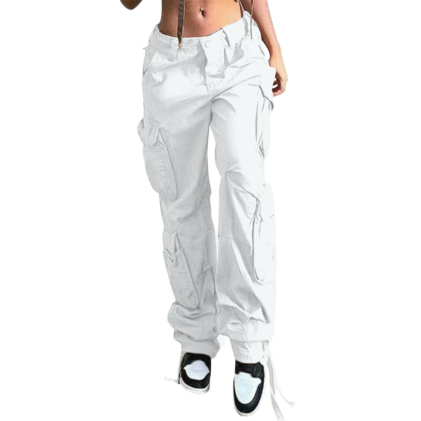Reigee Womens Low Waisted Cargo Pants with Pockets, Y2K Baggy Stretchy Jeans for Women Streetwear Casual Straight Leg Cargo Trousers