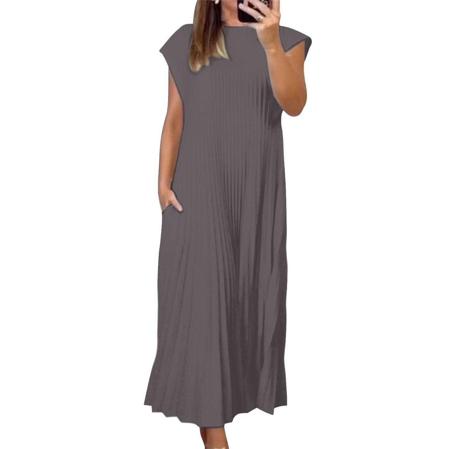Alivebody Pleated Maxi Dress for Women Flowy Sleeveless Crew Neck Summer Dress with Pockets Casual Loose Long Sun Dress