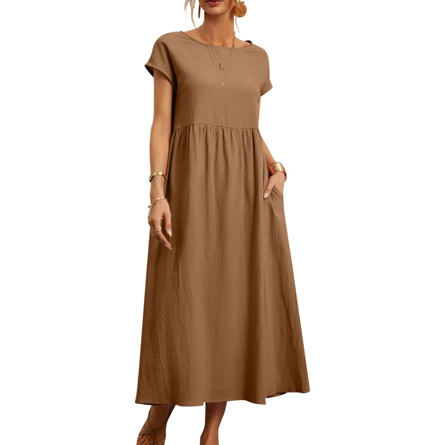 FONDBERYL Cotton Linen Dress for Women Short Sleeve Casual Crew Neck Loose Maxi Summer 2026 Beach Vacation Dress with Pockets