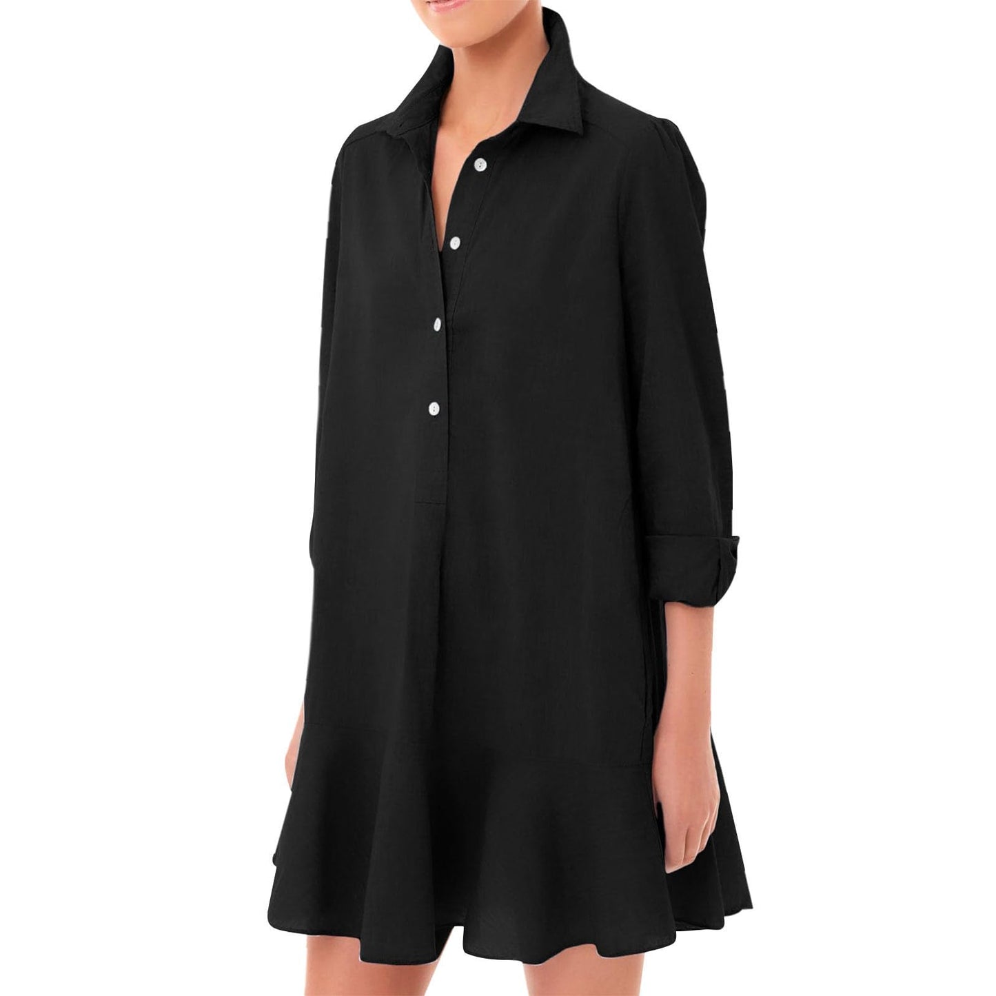 JiffPom Tunic Shirt Dress for Women, Casual Cotton Linen Button Up Long Sleeve Mini Shift Dress with Ruffle Hem and Pockets