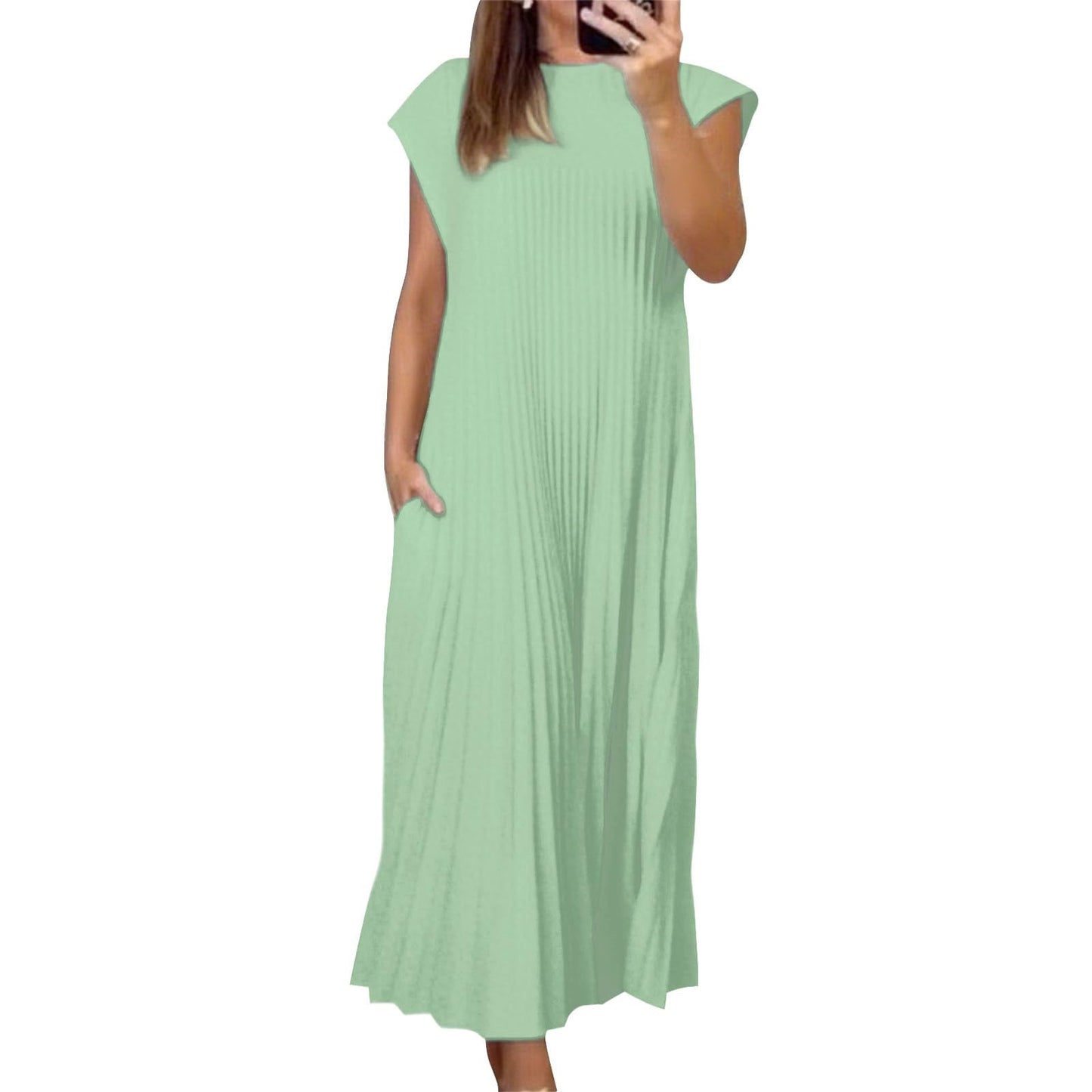 Alivebody Pleated Maxi Dress for Women Flowy Sleeveless Crew Neck Summer Dress with Pockets Casual Loose Long Sun Dress