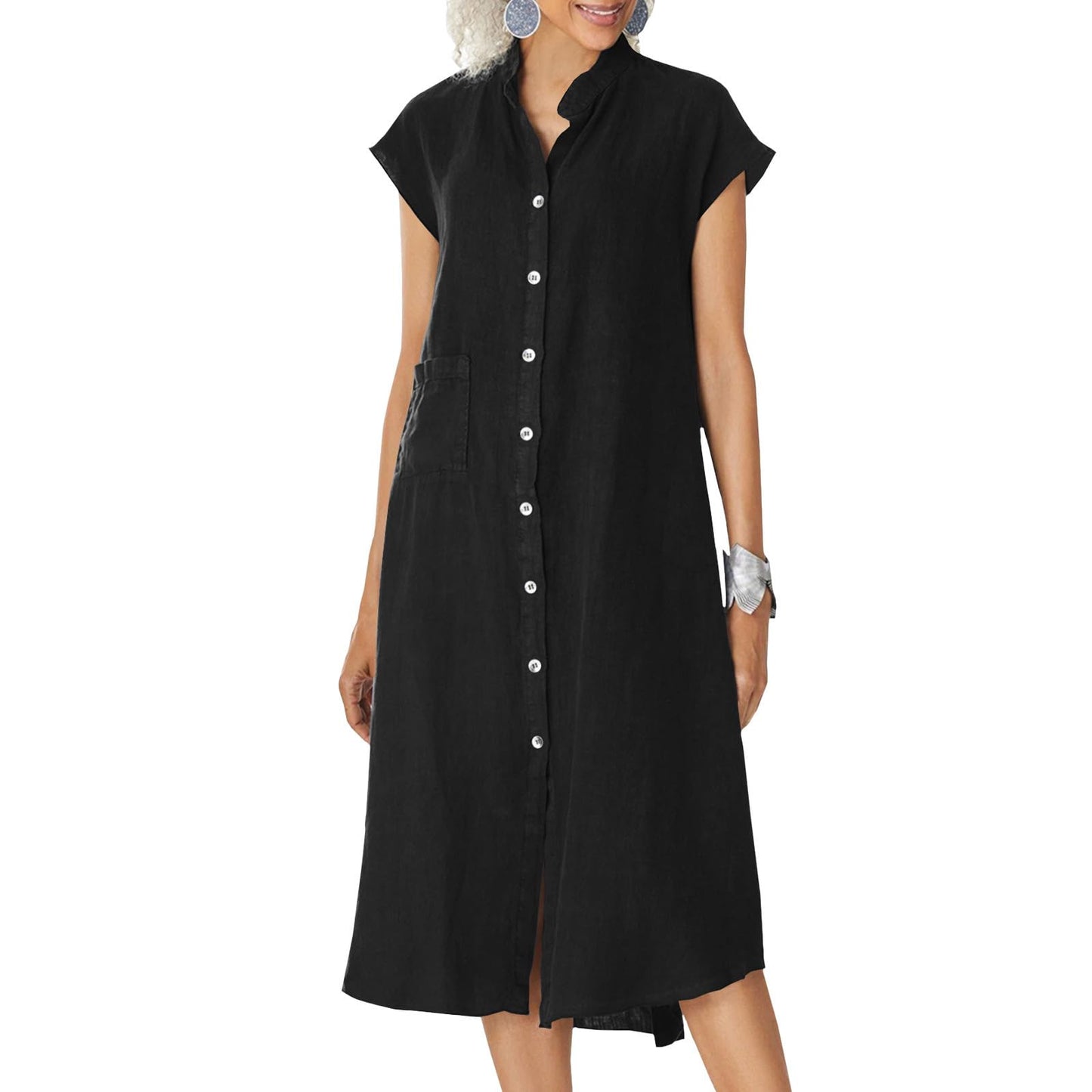 NAILONG Linen Button Up Shirt Dress for Women, Cap Sleeve Summer Casual Flowy Beach Vacation Linen Midi Dress with Pockets