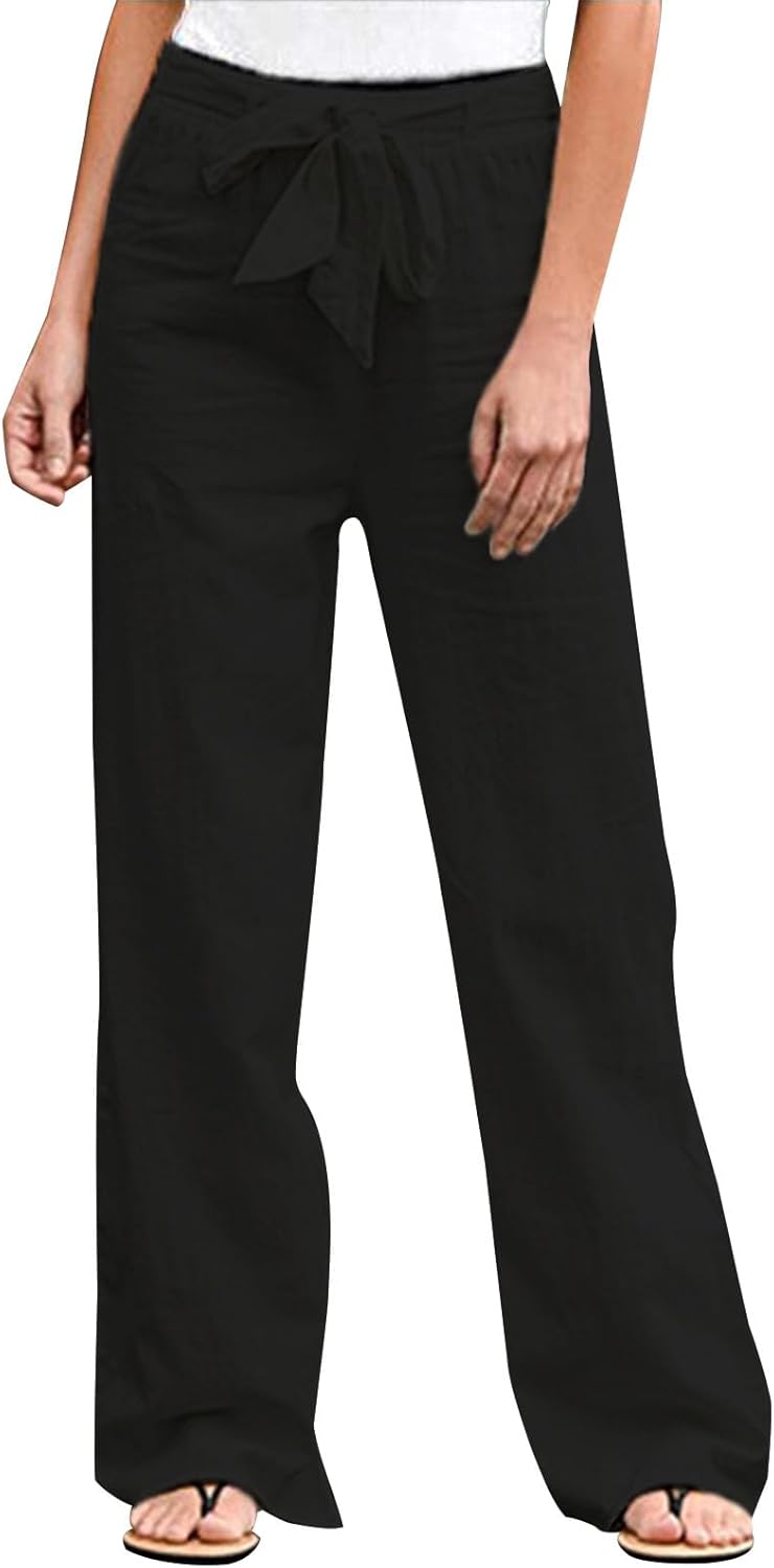 GYMBULL Womens Cotton Linen Summer Pants Tie High Waisted Casual Straight Leg Pants Dressy Palazzo Soft Trousers with Pockets