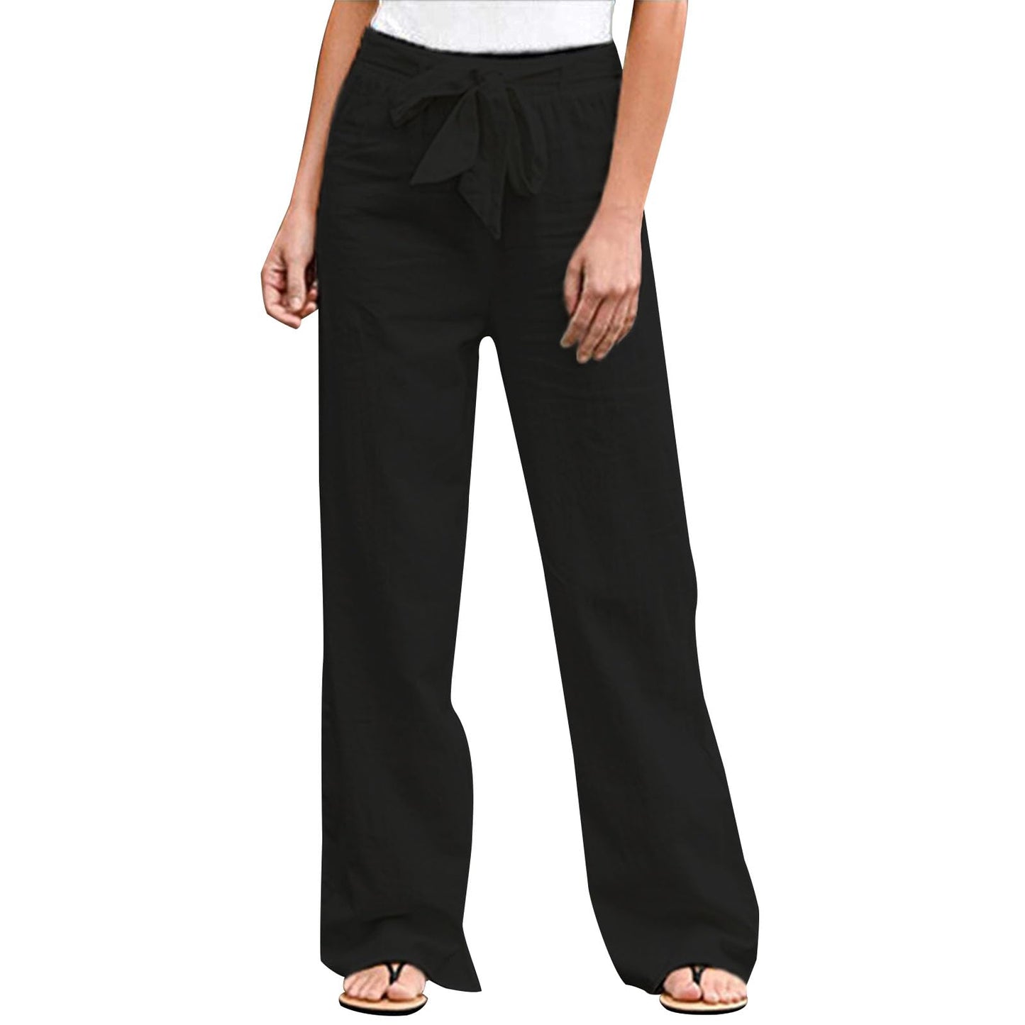 GYMBULL Womens Cotton Linen Summer Pants Tie High Waisted Casual Straight Leg Pants Dressy Palazzo Soft Trousers with Pockets
