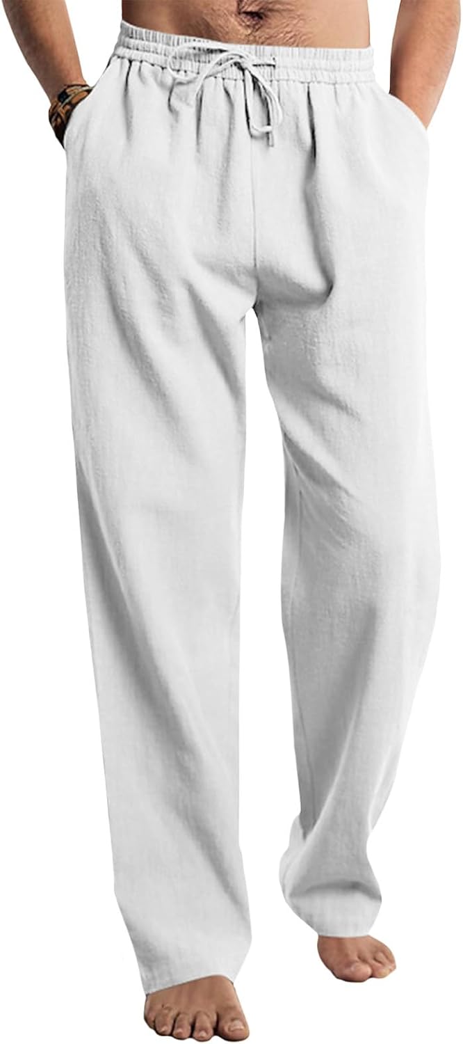 Befox Men Linen Pants,Casual Lightweight Loose Fit Elastic Drawstring Waist Loose Trousers Summer Beach Pants