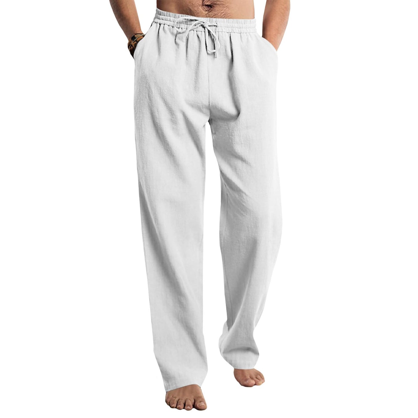 Befox Men Linen Pants,Casual Lightweight Loose Fit Elastic Drawstring Waist Loose Trousers Summer Beach Pants