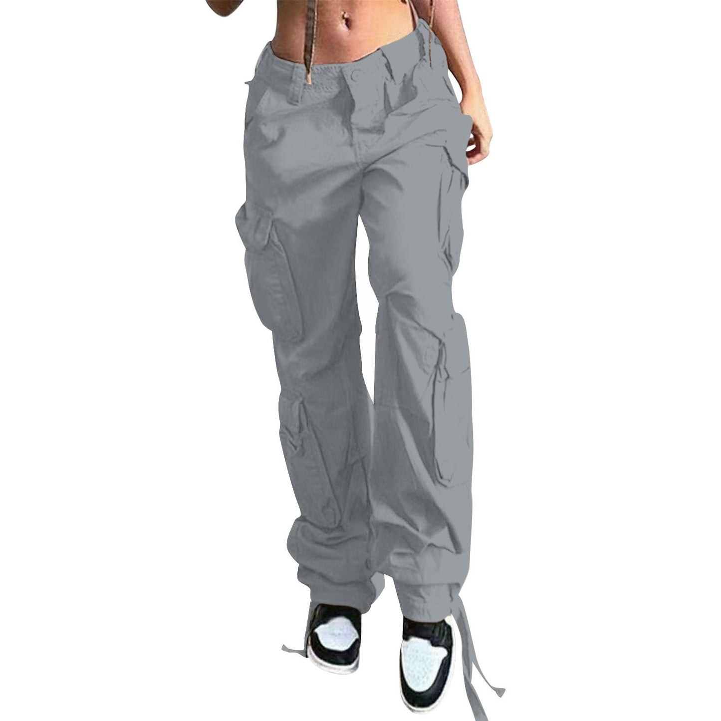 Reigee Womens Low Waisted Cargo Pants with Pockets, Y2K Baggy Stretchy Jeans for Women Streetwear Casual Straight Leg Cargo Trousers